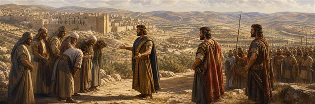 David receiving his humiliated envoys while Joab and Abishai organize against two armies